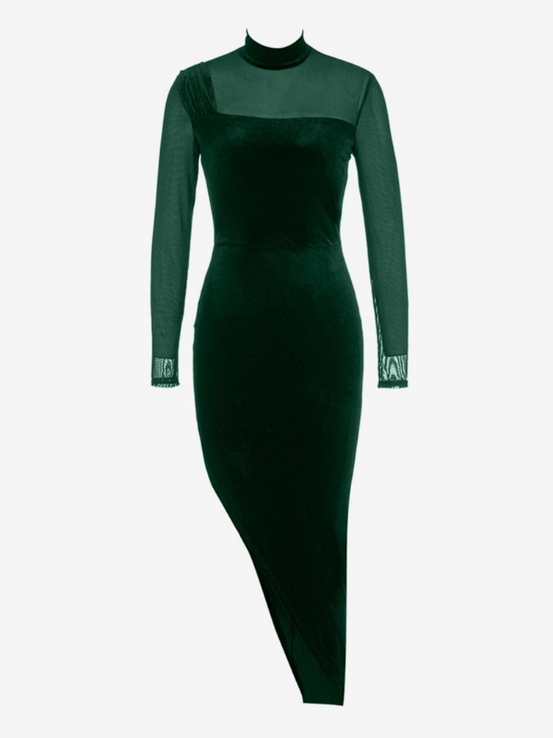 Kvinders Fløjlskjole Asymmetrisk Illusion Halsudskæring Langærmede Bodycon Maxi Kjoler - Mørkegrøn