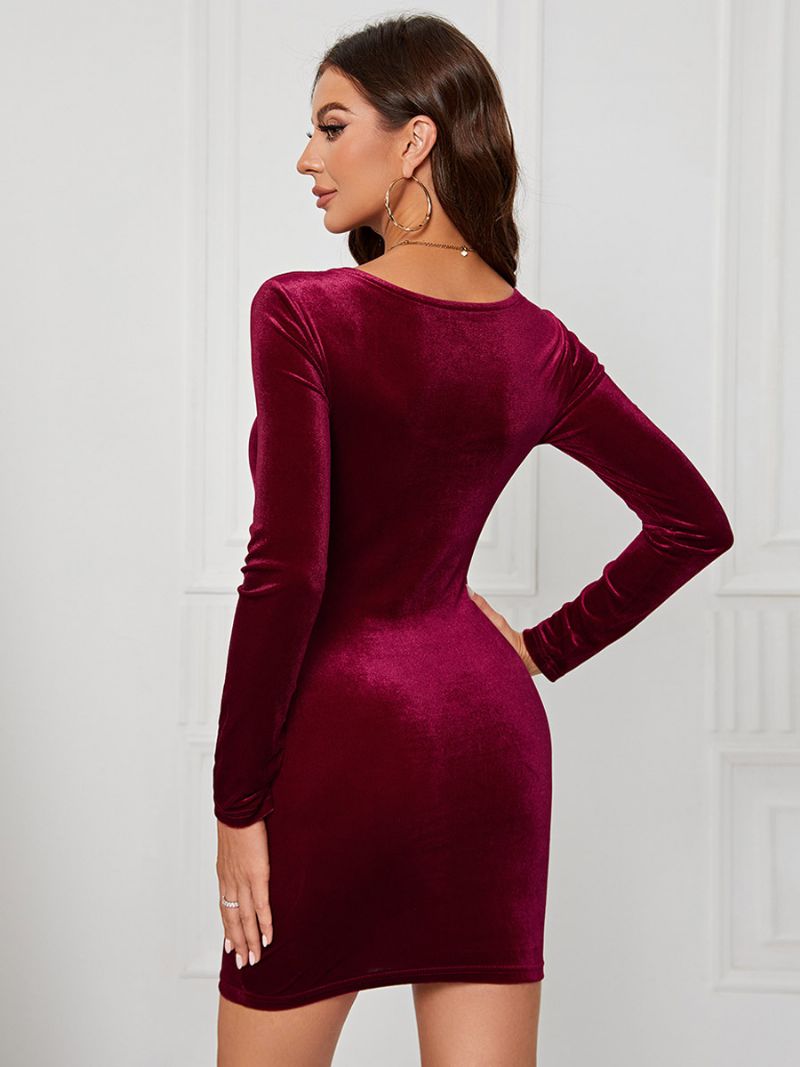 Kvinders Fløjlskjole Sweetheart Neck Langærmede Sexede Mini Bodycon Kjoler - Bourgogne