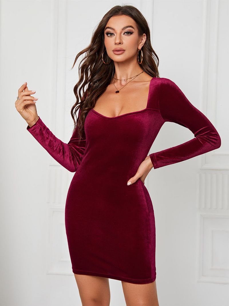 Kvinders Fløjlskjole Sweetheart Neck Langærmede Sexede Mini Bodycon Kjoler - Bourgogne