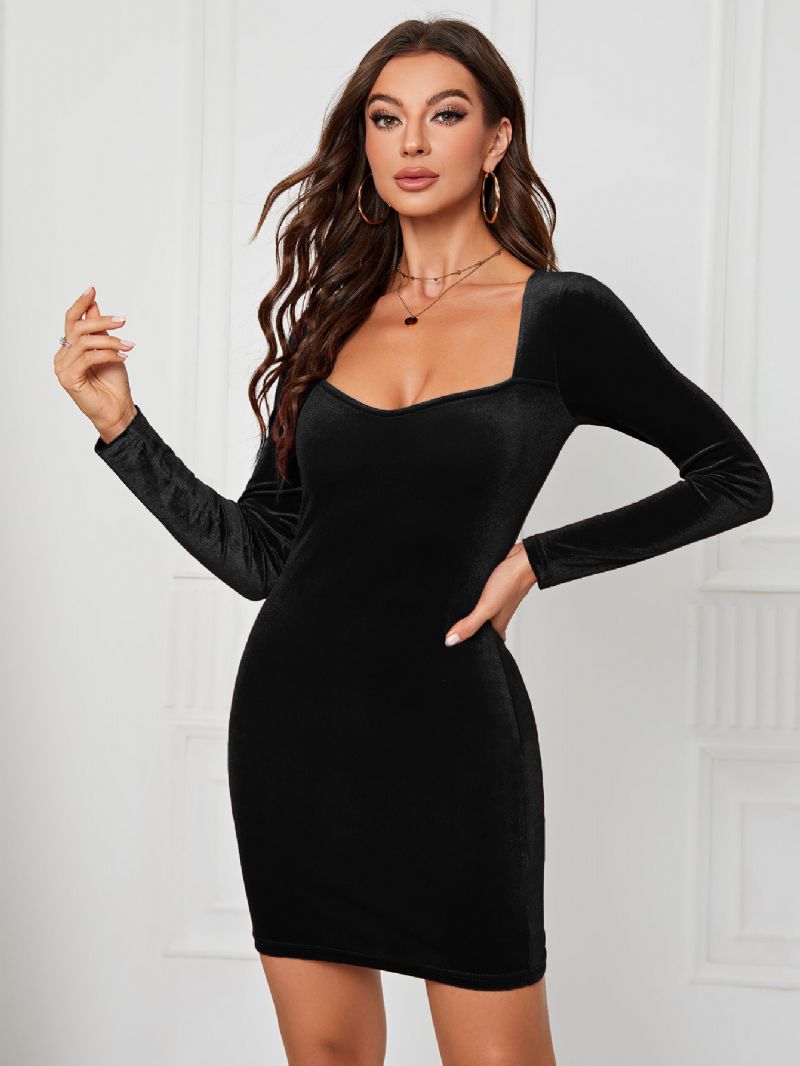 Kvinders Fløjlskjole Sweetheart Neck Langærmede Sexede Mini Bodycon Kjoler - Sort