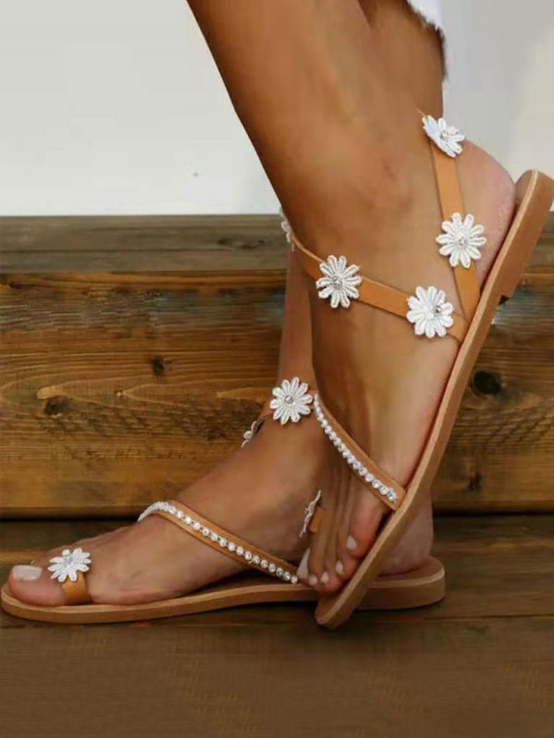 Kvinders Flower Flat Beach Wedding Boho Bryllupssandaler - Kaffe Brun