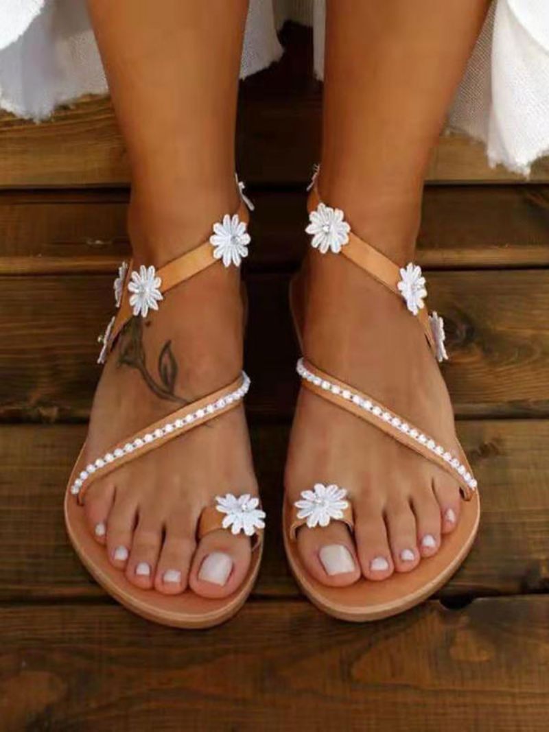 Kvinders Flower Flat Beach Wedding Boho Bryllupssandaler - Kaffe Brun