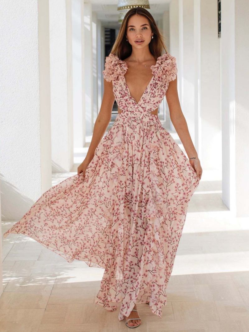 Kvinders Flowy Flower Dress Plunge Højslids Rygløse Maxi Boho Kjoler - Pink