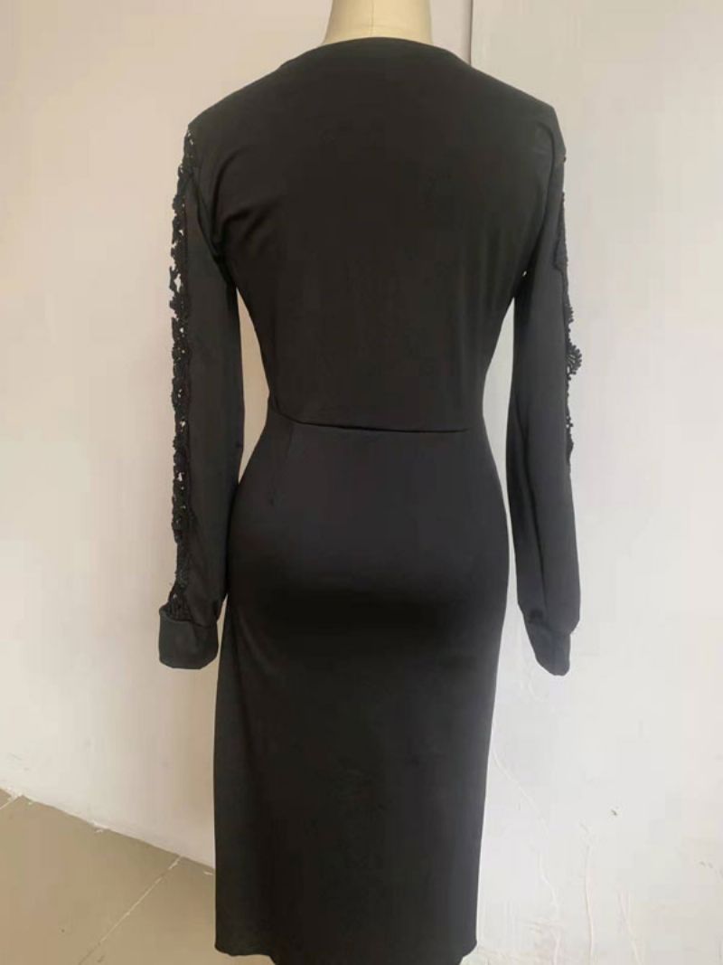 Kvinders Fødselsdag Bodycon Kjole Sort Langærmet Udskæring Afslappet V-hals Layered Midi Wrap Kjoler Skede W - Sort