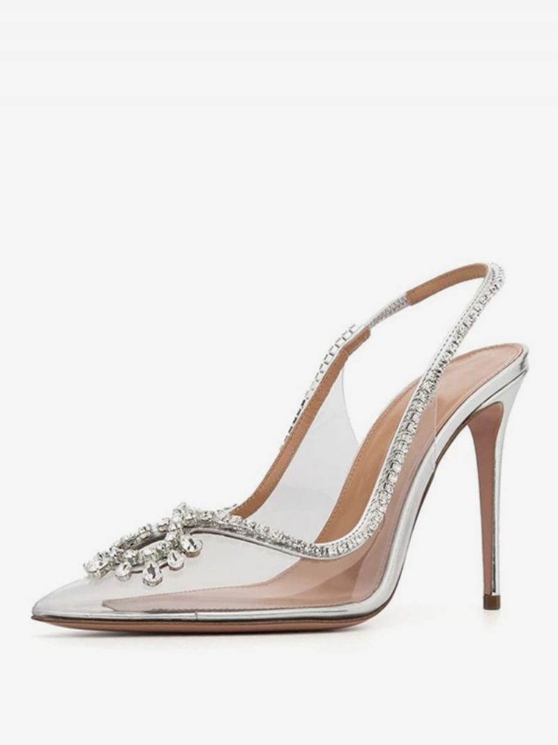 Kvinders Gallasko Pink Spidstå Rhinestones Slingback Højhælede Pumps - Sølv