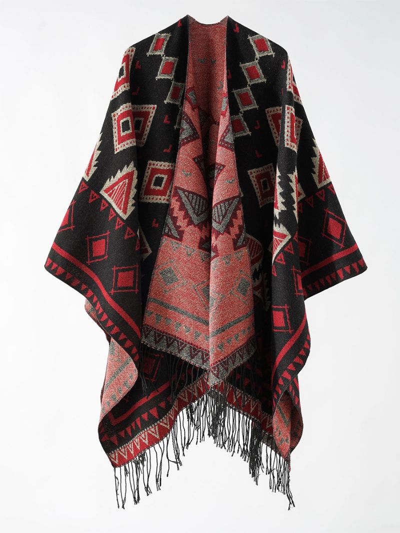 Kvinders Geometrisk Print Poncho Daily Casual Cape Med Frynser - Rød