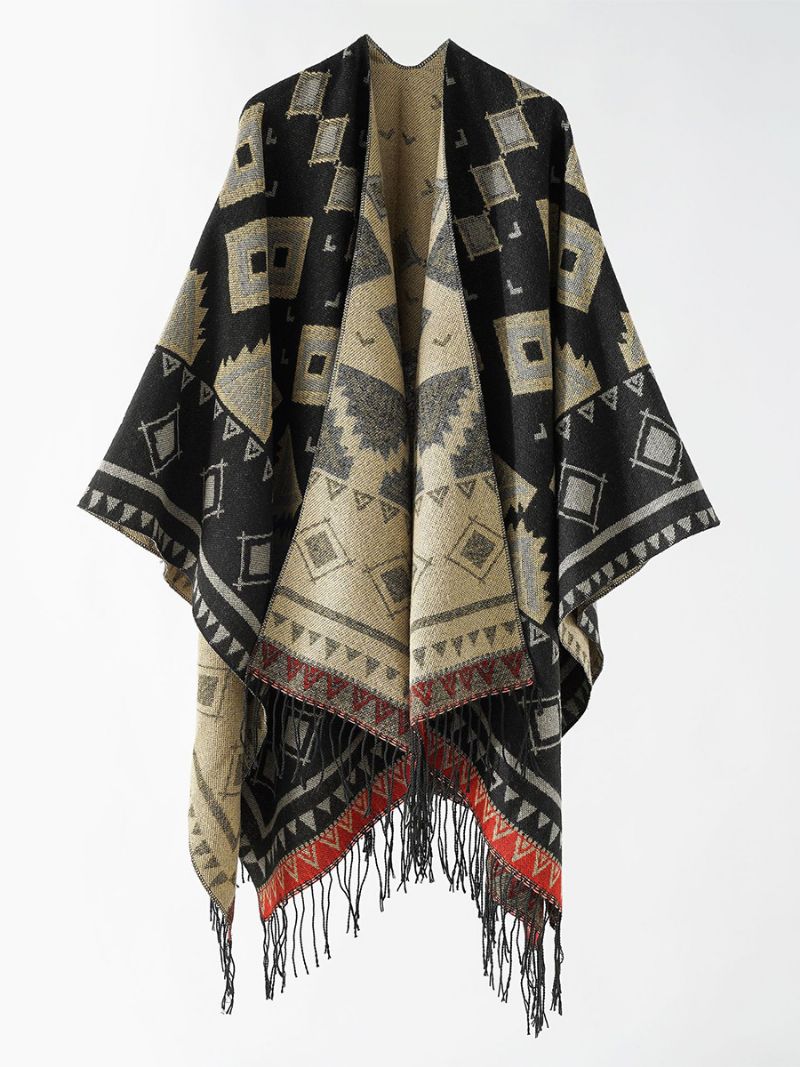 Kvinders Geometrisk Print Poncho Daily Casual Cape Med Frynser - Kaffe Brun