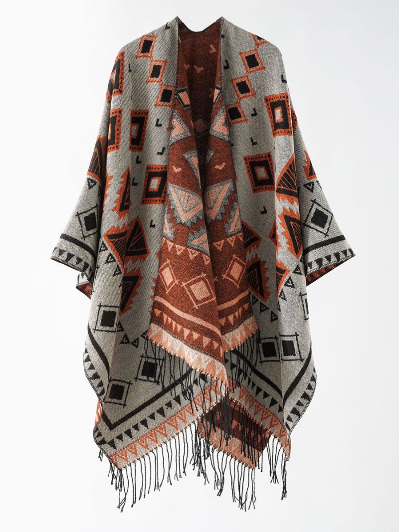 Kvinders Geometrisk Print Poncho Daily Casual Cape Med Frynser - Grå