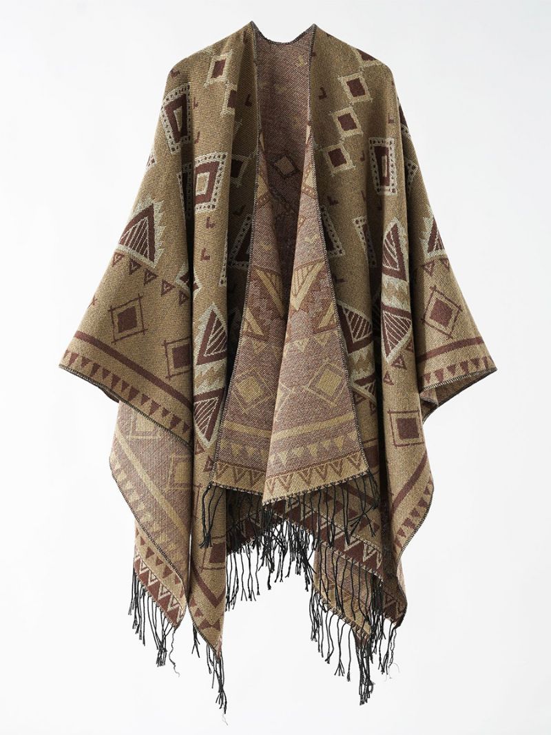 Kvinders Geometrisk Print Poncho Daily Casual Cape Med Frynser - Kamel