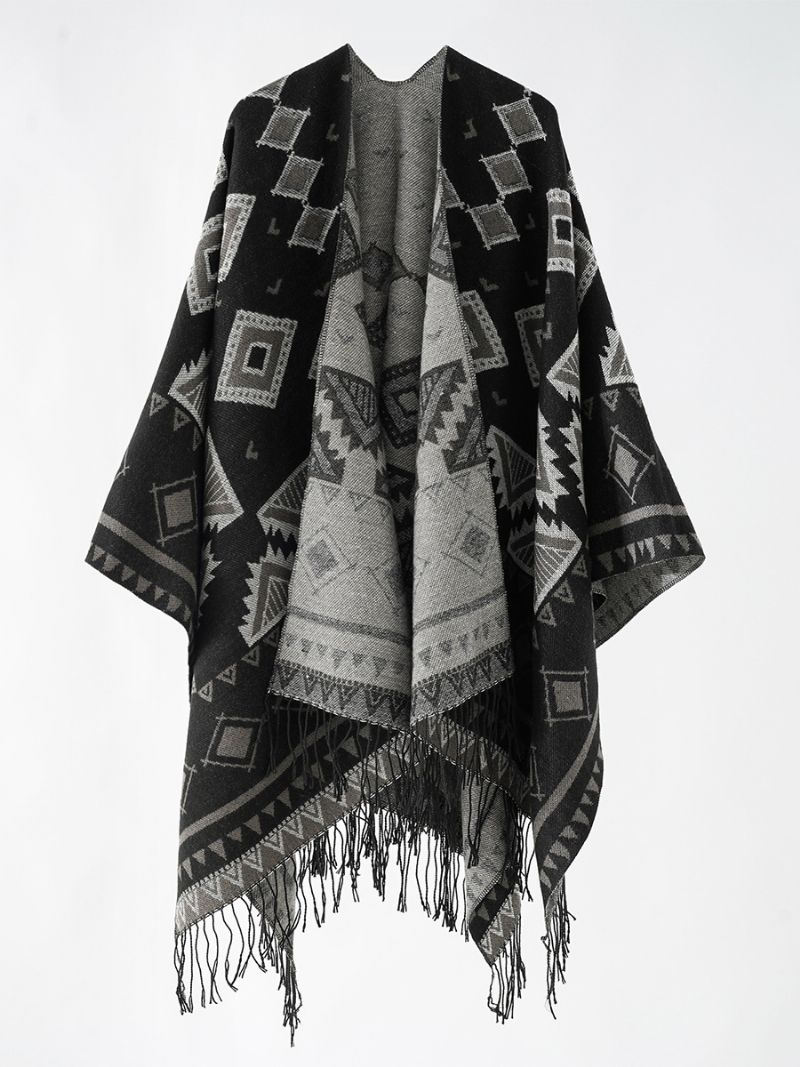 Kvinders Geometrisk Print Poncho Daily Casual Cape Med Frynser - Sort