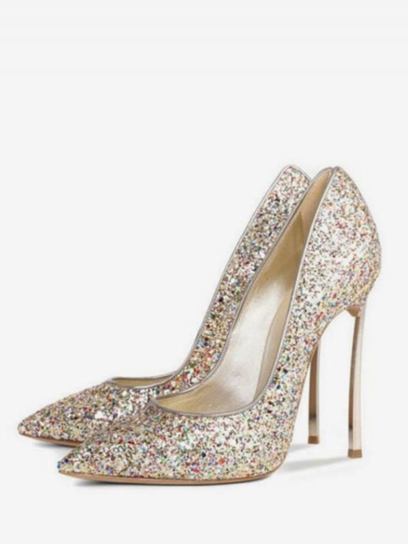 Kvinders Glitter Højhælede Pumps Evening Heels Prom Sko - Lys Guld