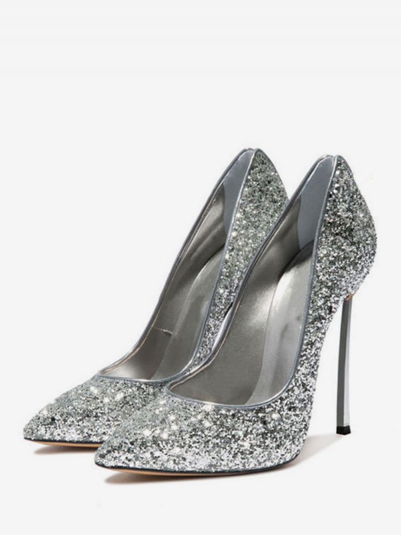 Kvinders Glitter Højhælede Pumps Evening Heels Prom Sko - Sølv