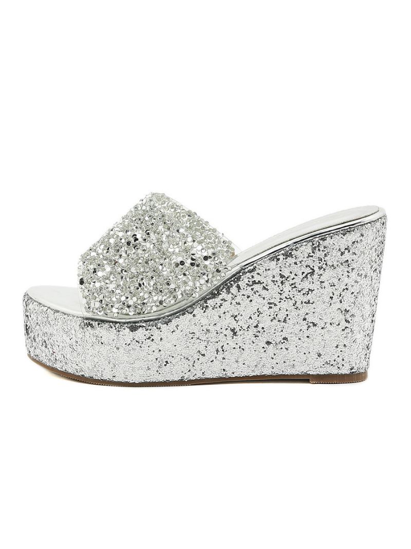 Kvinders Glitter Platform Wedge Mules - Sølv