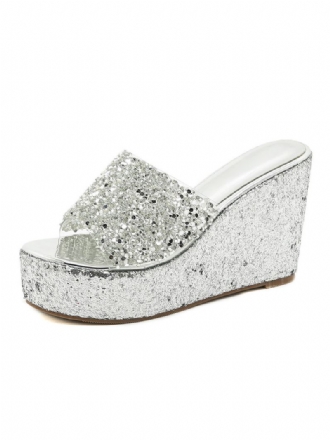 Kvinders Glitter Platform Wedge Mules