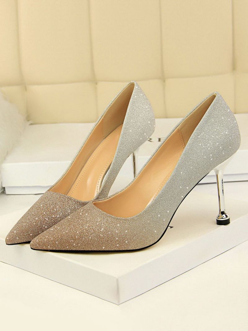 Kvinders Glitter Stiletto Heel Pumps Evening Prom Sko - Guld