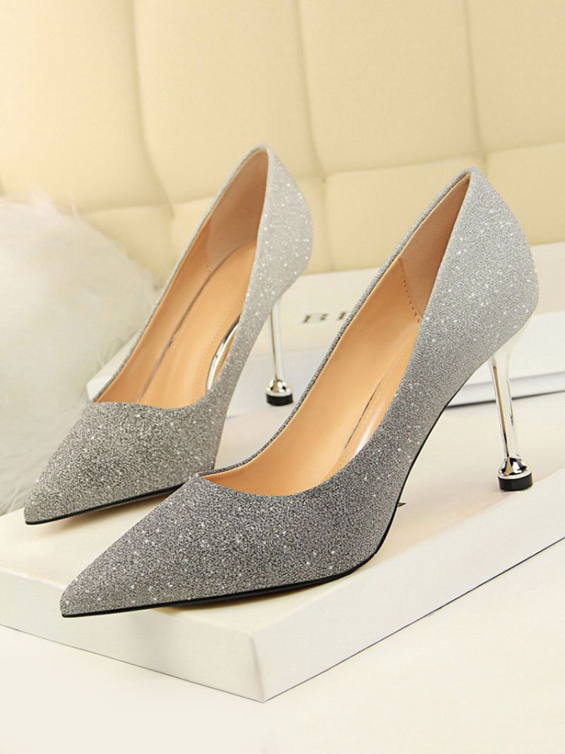 Kvinders Glitter Stiletto Heel Pumps Evening Prom Sko - Sølv