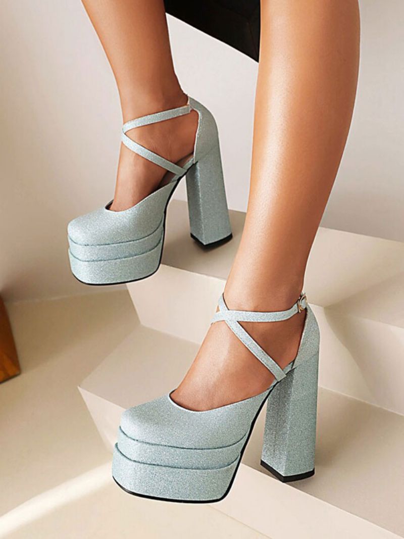 Kvinders Glitter Strappy Platform Chunky Heel Pumps - Lys Himmelblå