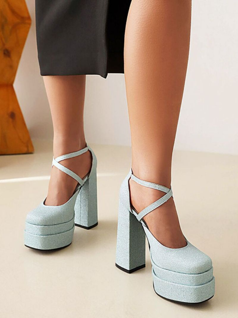 Kvinders Glitter Strappy Platform Chunky Heel Pumps - Lys Himmelblå