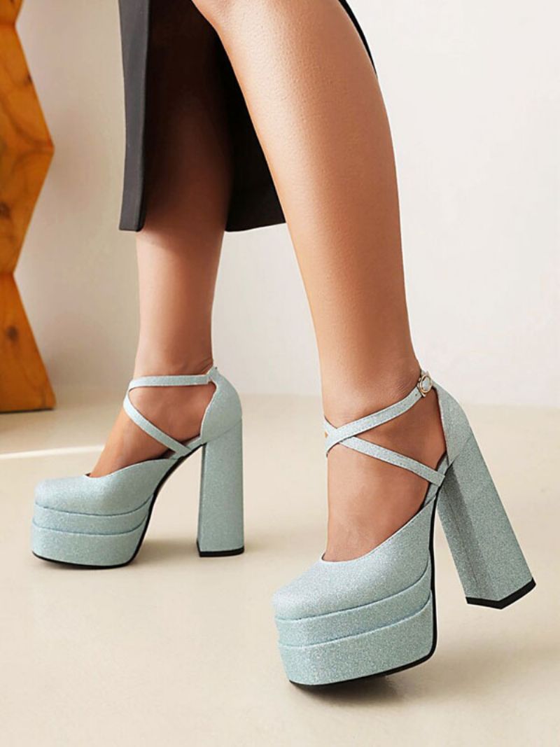 Kvinders Glitter Strappy Platform Chunky Heel Pumps - Lys Himmelblå