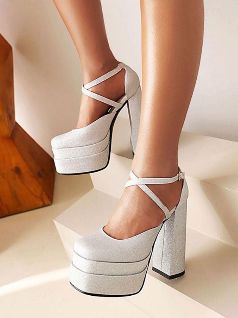 Kvinders Glitter Strappy Platform Chunky Heel Pumps - Sølv