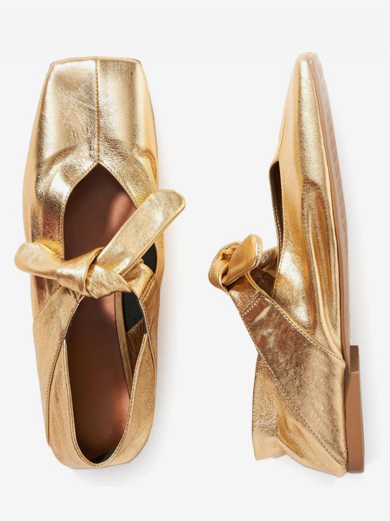 Kvinders Guld Ballet Flats Square Toe Metallic Knotted Detail Flade Sko