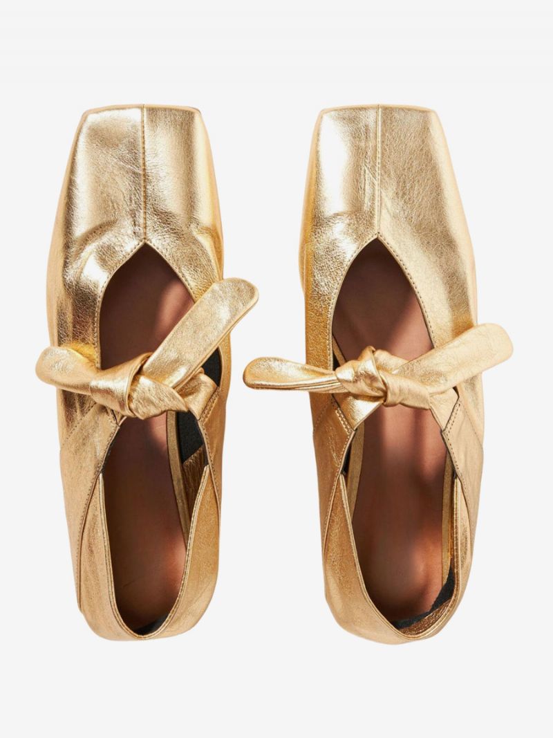 Kvinders Guld Ballet Flats Square Toe Metallic Knotted Detail Flade Sko - Guld