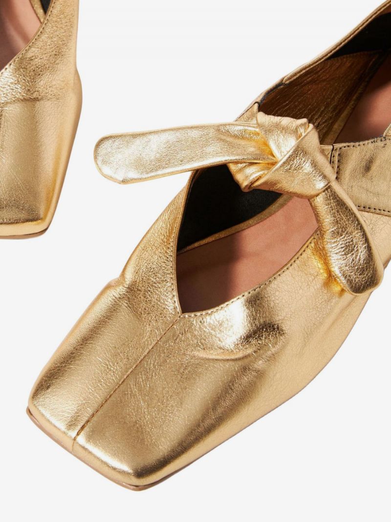 Kvinders Guld Ballet Flats Square Toe Metallic Knotted Detail Flade Sko - Guld