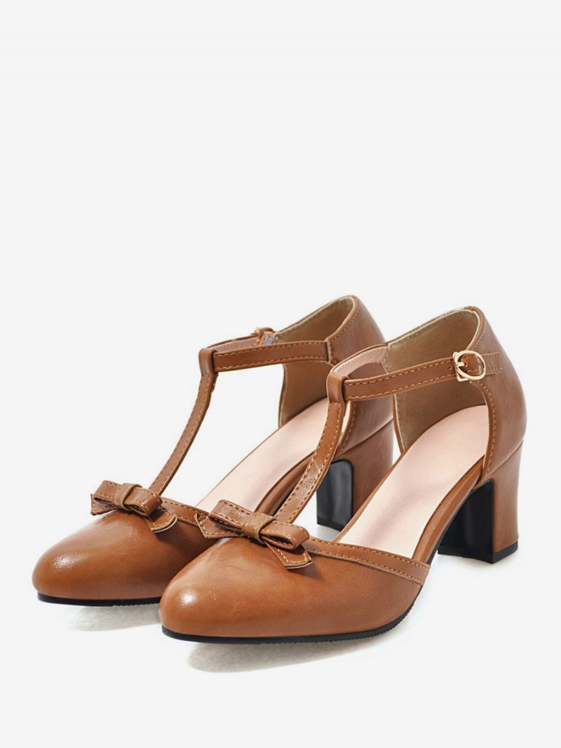 Kvinders Gule Vintage Sko Med Spidse Tåsløjfer T-rem Chunky Heel Pumps - Kaffe Brun