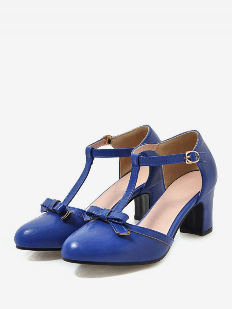 Kvinders Gule Vintage Sko Med Spidse Tåsløjfer T-rem Chunky Heel Pumps - Blå