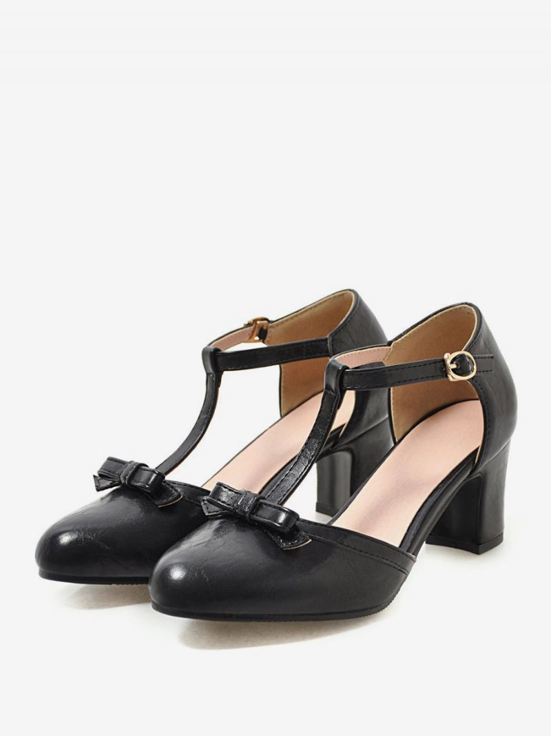 Kvinders Gule Vintage Sko Med Spidse Tåsløjfer T-rem Chunky Heel Pumps - Sort