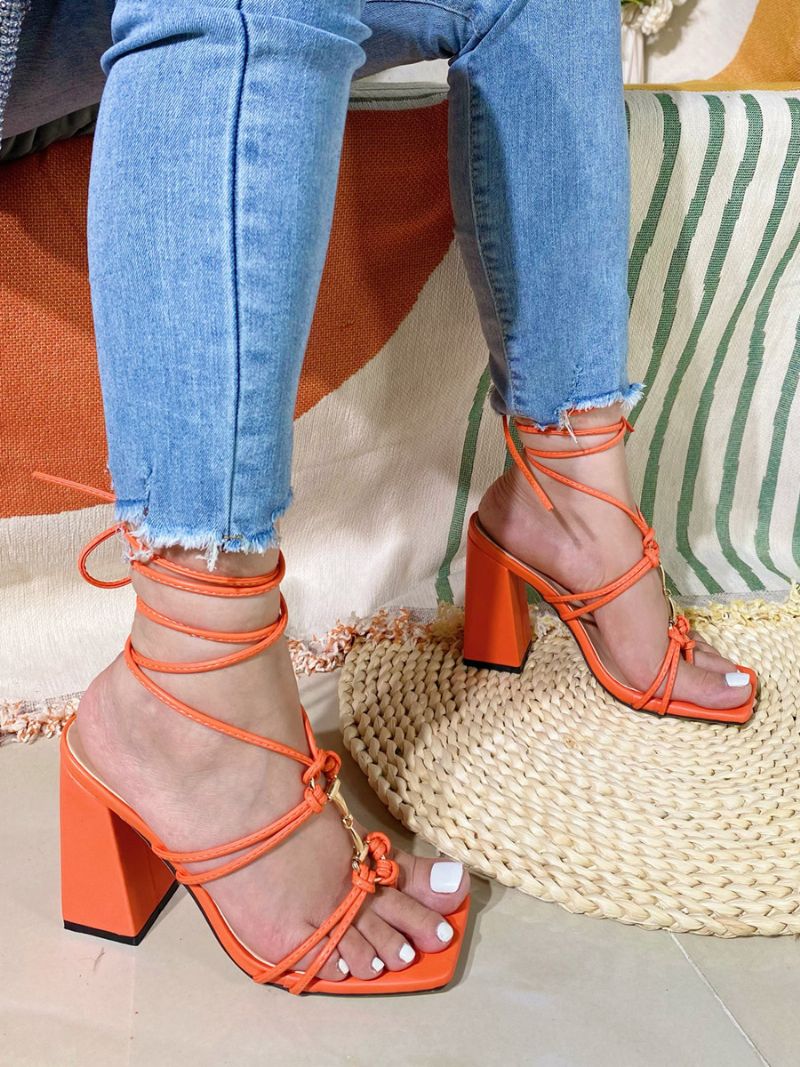 Kvinders Hælsandaler Firkantetåsandaler Chunky Heel Pu-læder - Orange