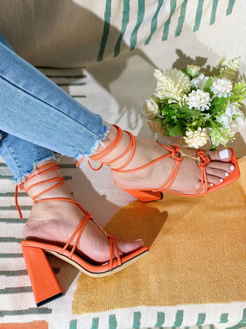 Kvinders Hælsandaler Firkantetåsandaler Chunky Heel Pu-læder - Orange