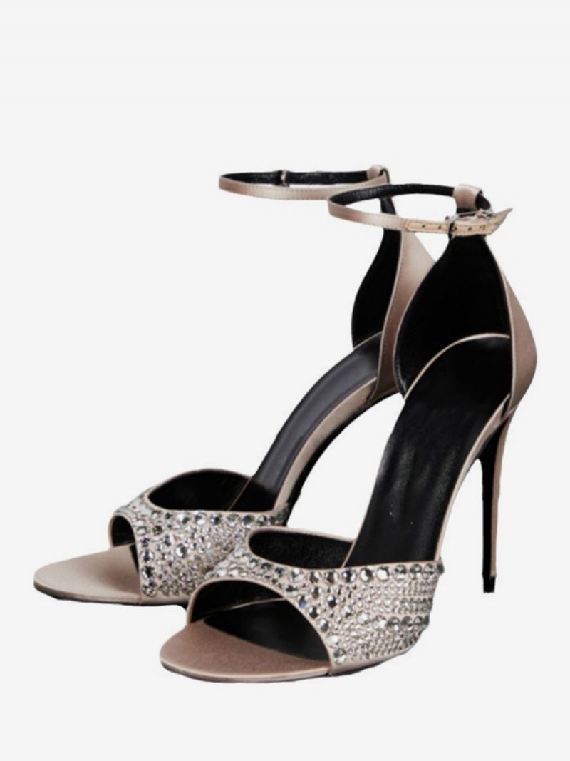 Kvinders Hælsandaler Peep Toe Rhinestones Stilethæl Ankelrem Gallasko - Champagne