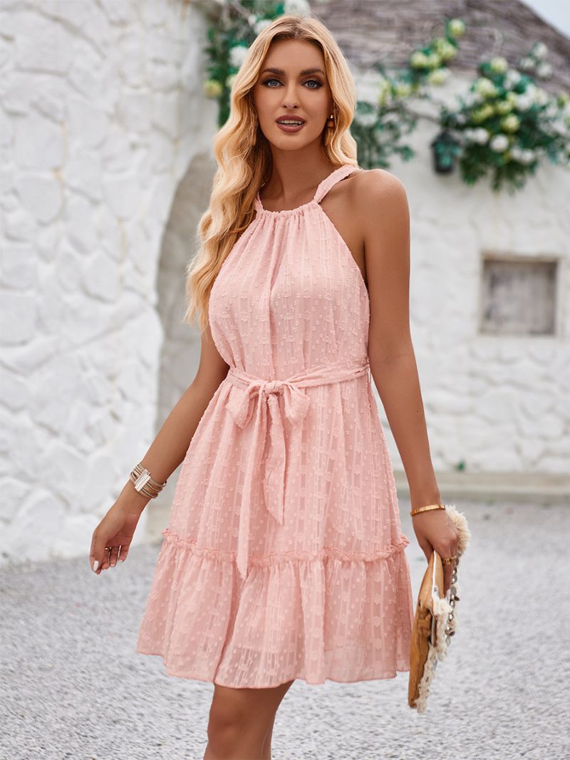 Kvinders Halter Short Dress Bælte Knotted Tiered Sommer Daglige Casual Kjoler - Pink