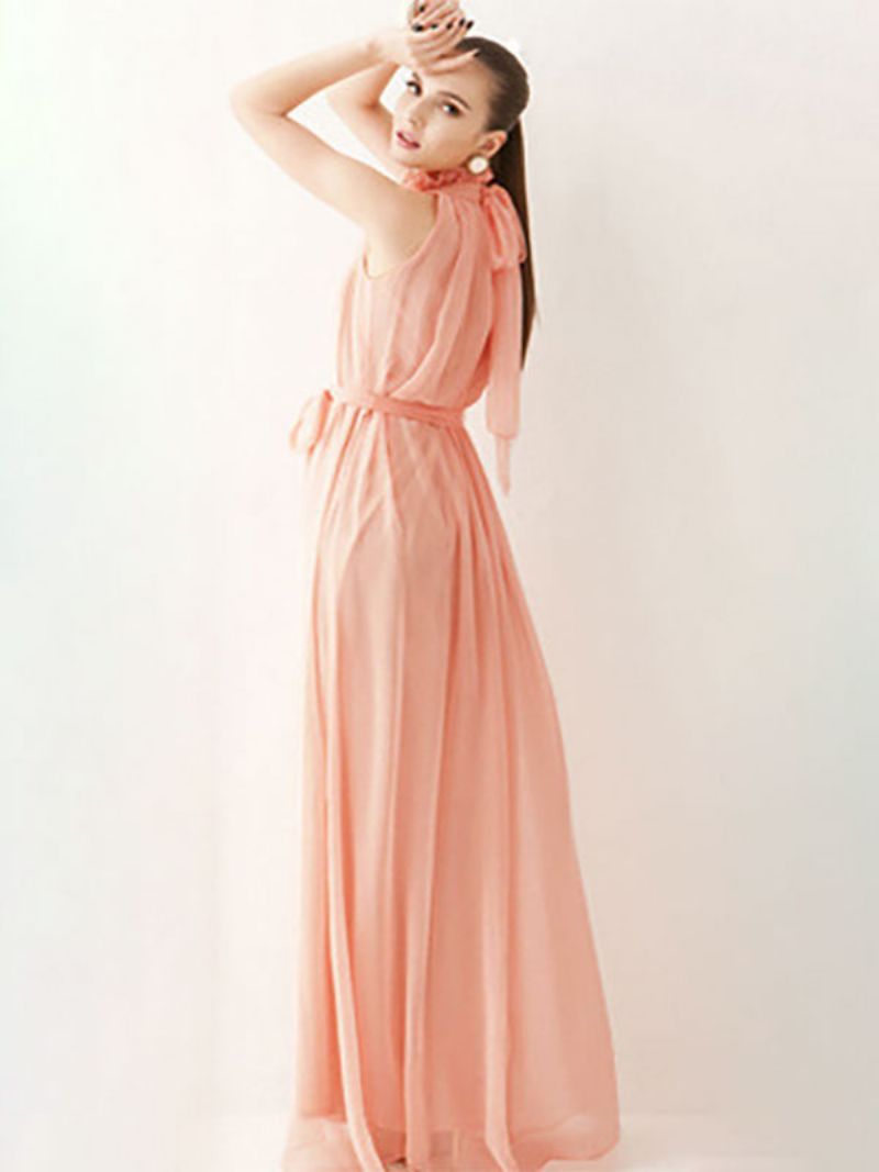 Kvinders Halter Sundress Jewel Neck Lace Up Chiffon Beach Prom Maxi Kjoler - Pink