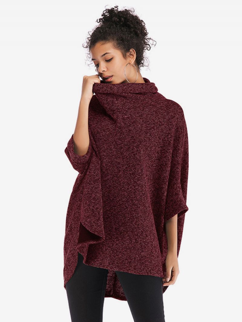 Kvinders Halværmer Cape Høj Krave Oversized Casual Elegant Poncho - Burgunder