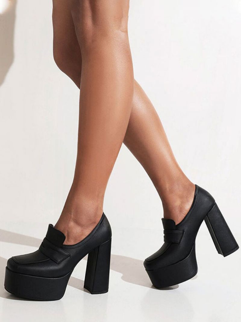 Kvinders Høje Hæle Klassiske Pumps Rund Toe Platform Chunky Heel Penny Loafers - Sort