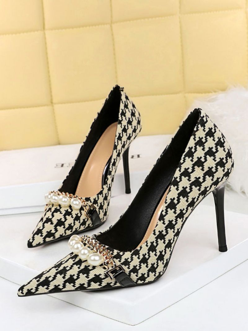 Kvinders Høje Hæle Plaid Pearls Pumps Chic Spidstå Stilethæl Polyester - Sort