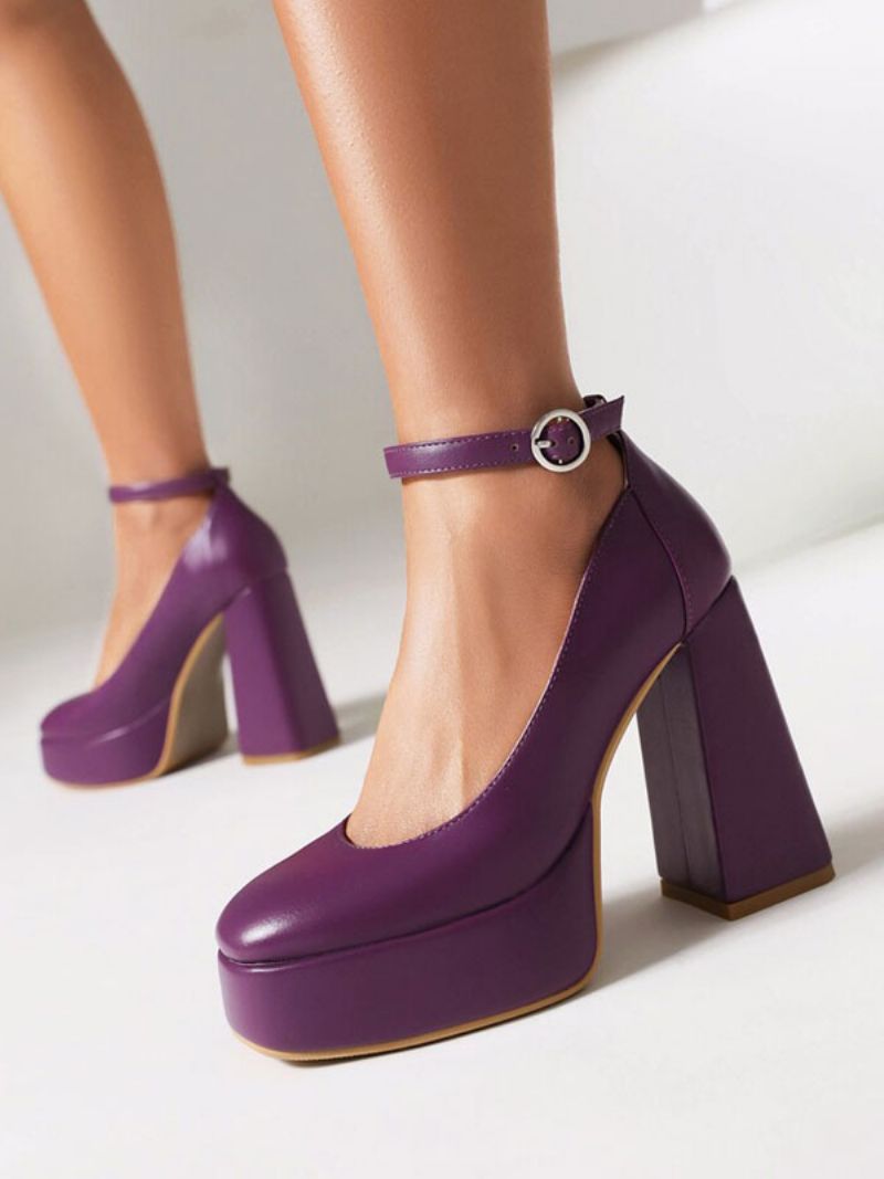 Kvinders Høje Hæle Platform Chunky Heel Ankel Strap Pumps - Lilla