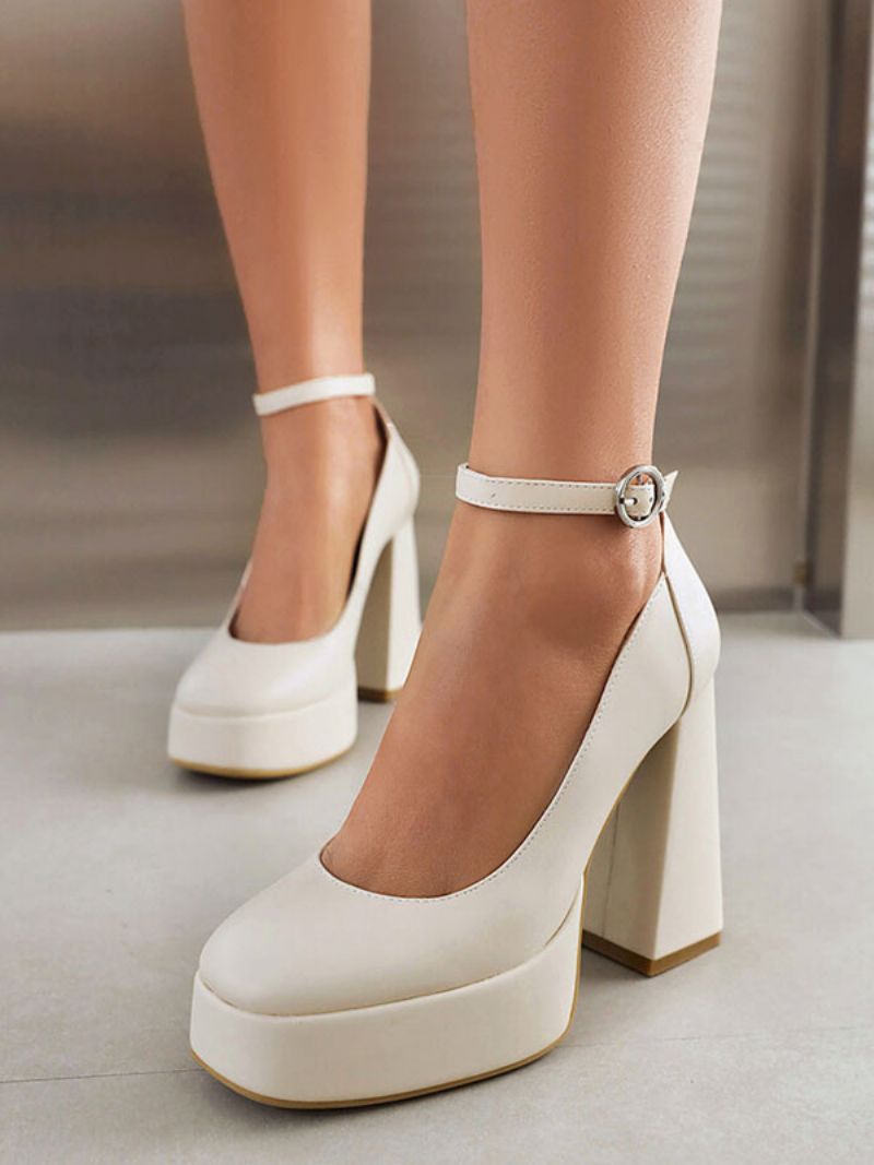 Kvinders Høje Hæle Platform Chunky Heel Ankel Strap Pumps - Beige