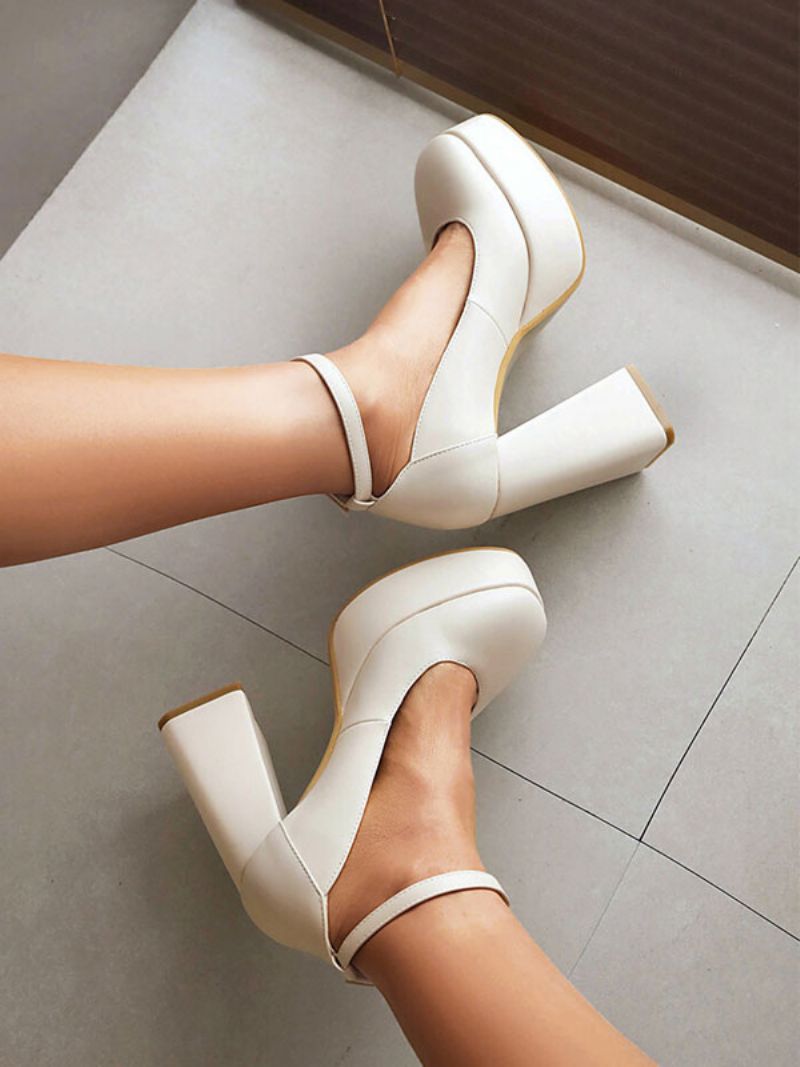 Kvinders Høje Hæle Platform Chunky Heel Ankel Strap Pumps - Beige