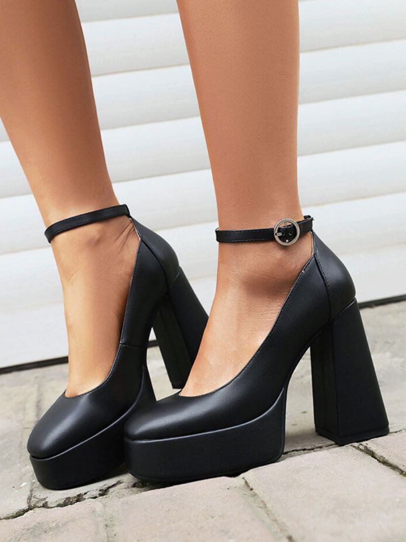 Kvinders Høje Hæle Platform Chunky Heel Ankel Strap Pumps - Sort