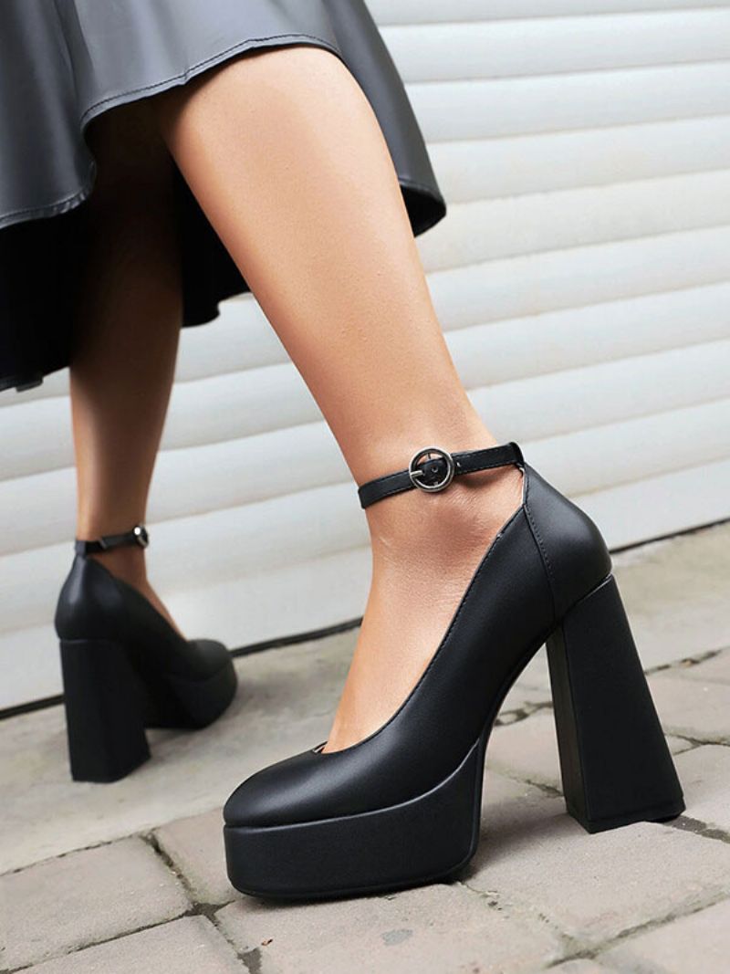 Kvinders Høje Hæle Platform Chunky Heel Ankel Strap Pumps - Sort