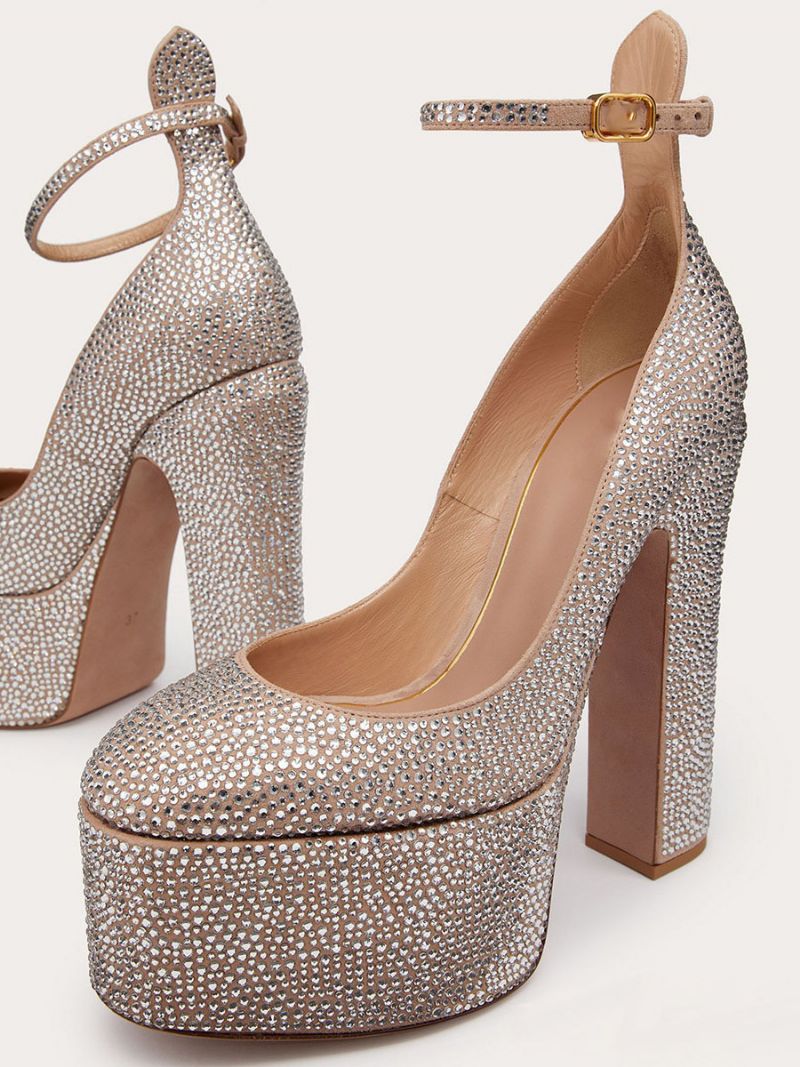 Kvinders Høje Hæle Platform Rhinestones Chunky Heel Ankel Strap Party Sko - Champagne