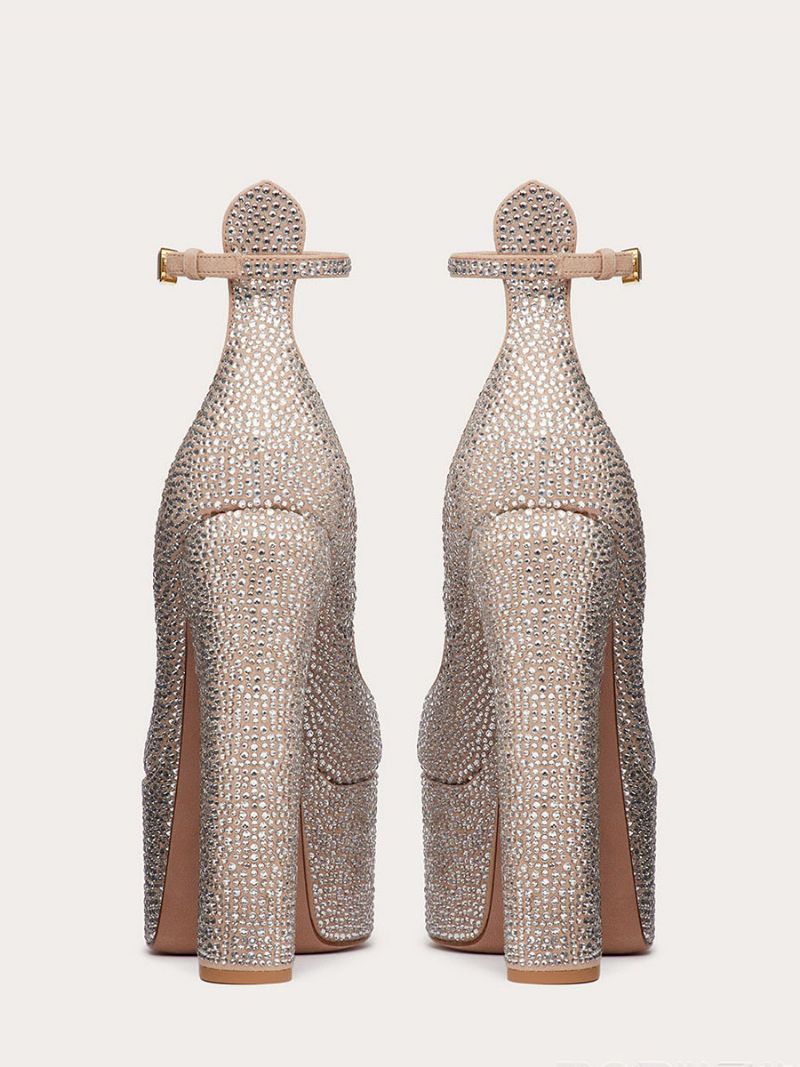 Kvinders Høje Hæle Platform Rhinestones Chunky Heel Ankel Strap Party Sko - Champagne