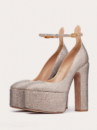 Kvinders Høje Hæle Platform Rhinestones Chunky Heel Ankel Strap Party Sko