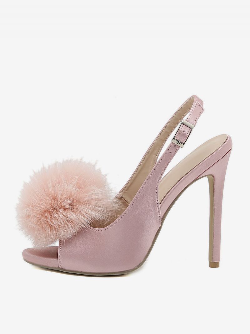 Kvinders Høje Hæle Satin Åben Tå Stilethæl Slingback Pumps Med Pom Poms - Lyserød