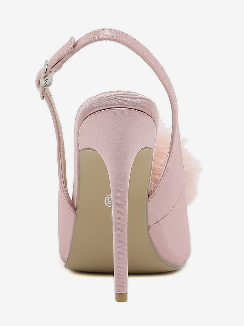 Kvinders Høje Hæle Satin Åben Tå Stilethæl Slingback Pumps Med Pom Poms - Lyserød