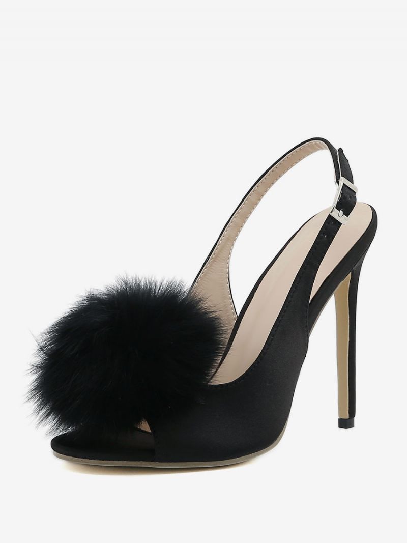 Kvinders Høje Hæle Satin Åben Tå Stilethæl Slingback Pumps Med Pom Poms - Sort