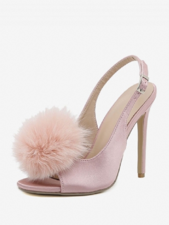 Kvinders Høje Hæle Satin Åben Tå Stilethæl Slingback Pumps Med Pom Poms